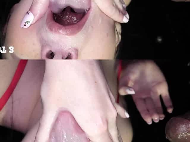 A woman sucks through a hole in the wall, gets cum in mouth.
