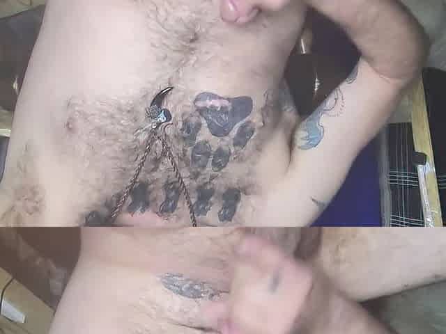 Tatted teddy bear cums rope after rope after edging and makes a mess