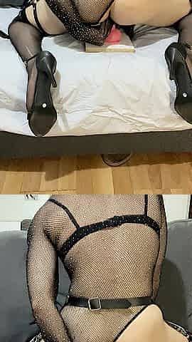 CD femboy in fishnets riding 7 in sextoy