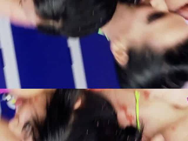 Brunette hair lesbos jump in a pool with food to wrestle and their large titties