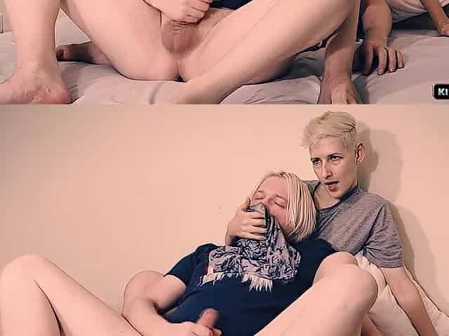 Shor hair blond, man and his pants - Amateur pair masturbate with giant spunk flow