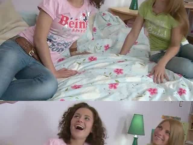 2 breasty angels get a large jock in their butt