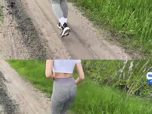 Beautiful Bitch in Tight Leggings on a Run, Shows Wet Big Tits and Ass. Casua...