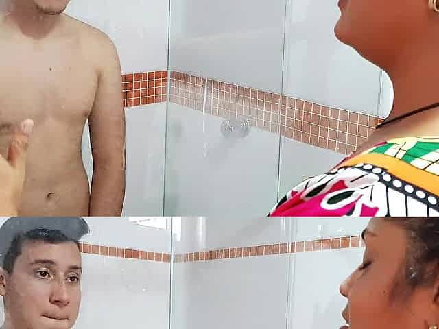 My stepmom interrupts my shower to suck my schlong