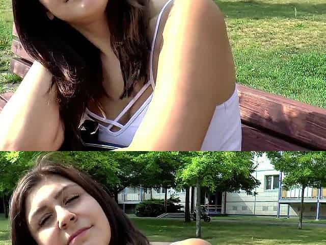 Enchanting large tits brunette hair sprayed on her bazookas