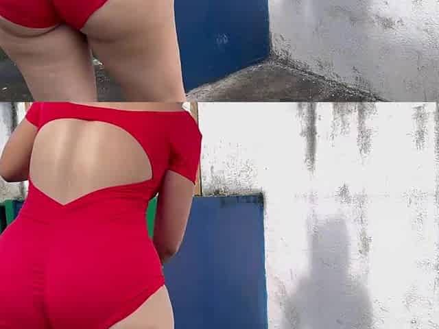 Stepmother washing the pool in a red swimsuit