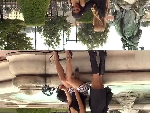 Brunette gets double pussy penetration in public
