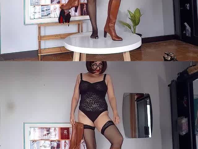 Regina Noir trying on high heels. Striptease in darksome underware and nylons 6
