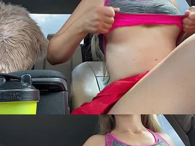 Public squirt in the car. Mama cums loudly