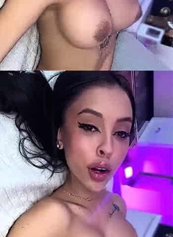 Busty curly brunette with big boobs fucks on couch