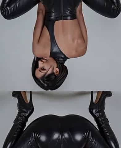 Hot AI Generated Asian Woman Asa Inkei Hikinobashi-ki in Sexy Shiny Black Latex Outfit and Stiletto Heeled Boots