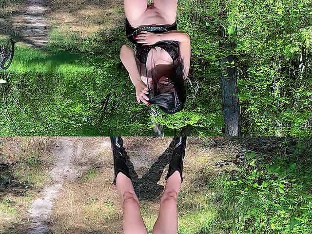 Biker beauty peeing in public