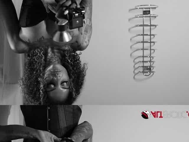 Charming tattooed black chick rubs her hirsute cunt