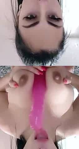 super horny girl moaning very loud with very big pink dildo