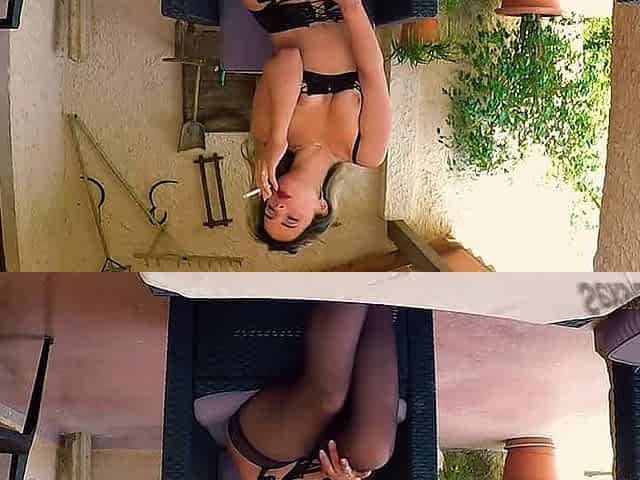 Sexy slut smoking on the patio in lingerie
