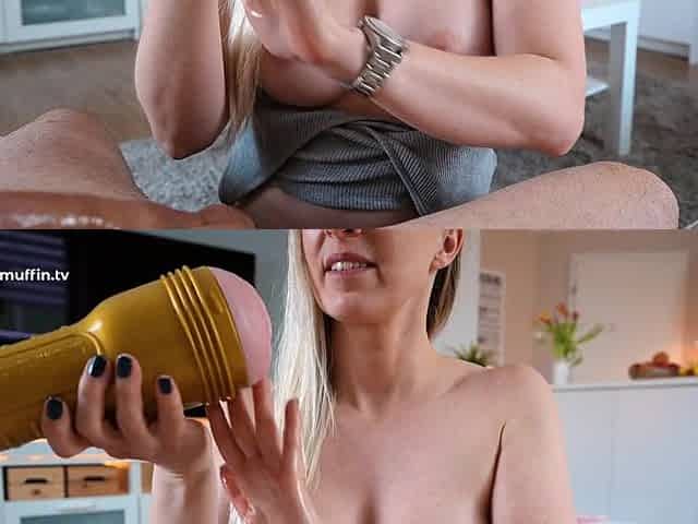 Holy cow! Mind-blowing Fleshlight edging tugjob from a golden-haired bombshell with breathtaking melons