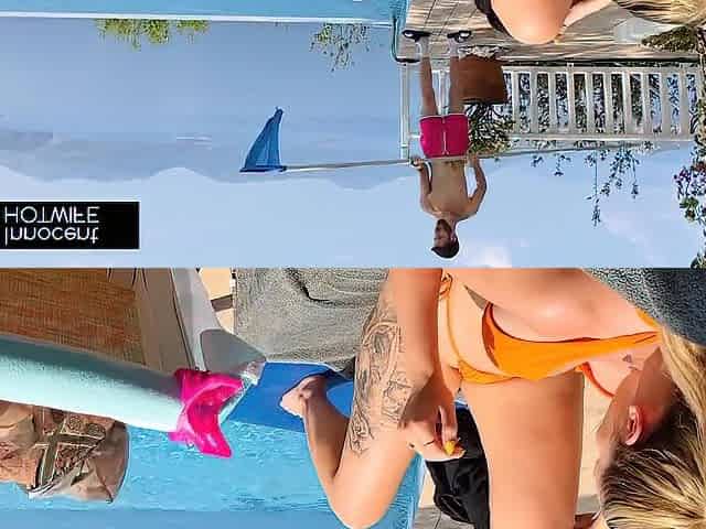 Banging outside. Allies have three-some with the pool male