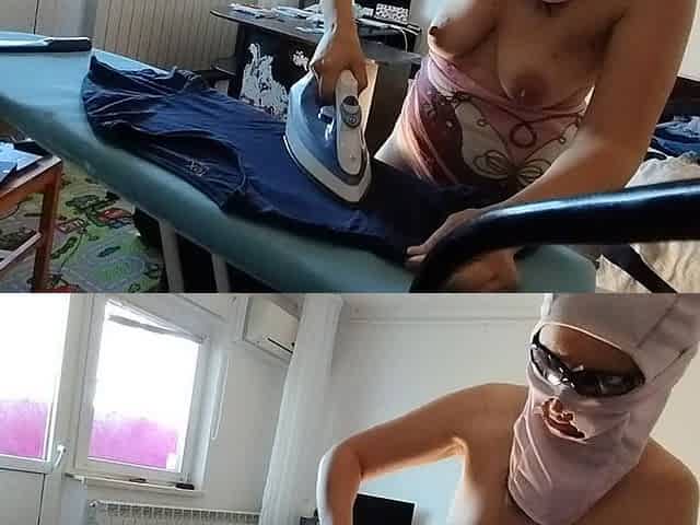 Sexy Brunette with Hairy Pussy, Doing Housework Naked.