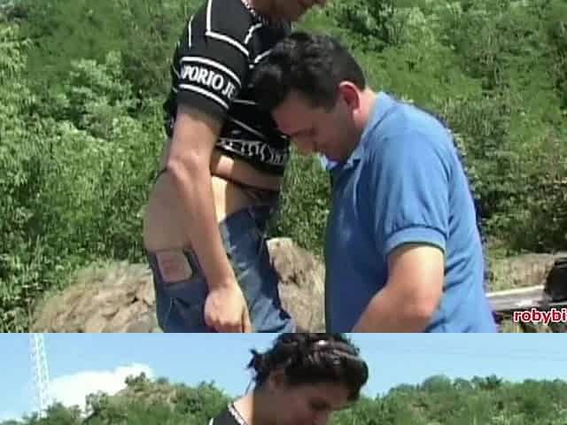Italian Amateur, Hairy Slut Takes Two Cocks Outdoors