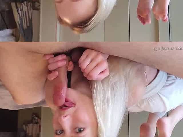 Elegant Blond in the Pose Edges Penis with her Mouth & Tongue
