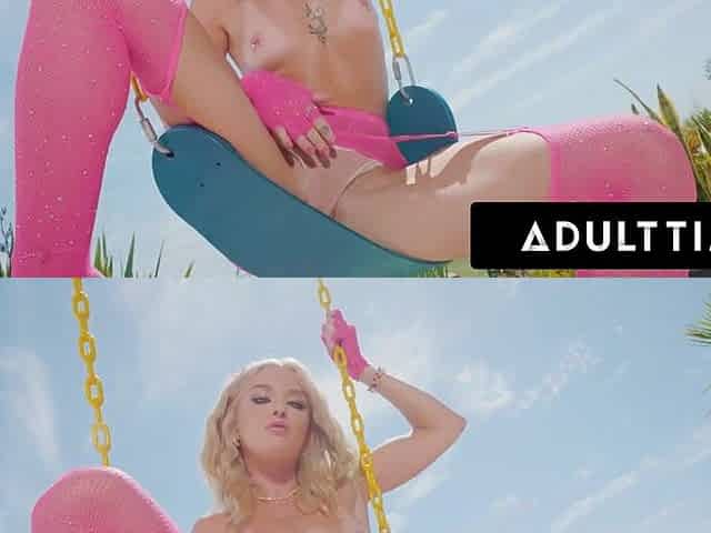 ADULT TIME - Tiny Golden-haired Emma Rosie Teases In Pink Fishnet On Swing In advance of Getting Roughly Screwed