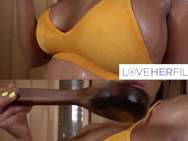 Affair With Her Large Oily Breasts In The Sauna