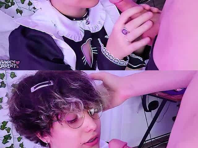 Nasty femboy has pleasure with and deepthroats bully's weenie