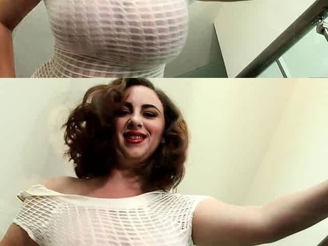 Busty curly brunette with big boobs fucks on couch