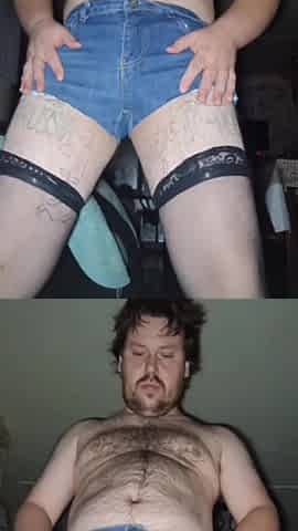 A overweight-assed homo guy strokes him in ripped denim shorts and ebony nylons!