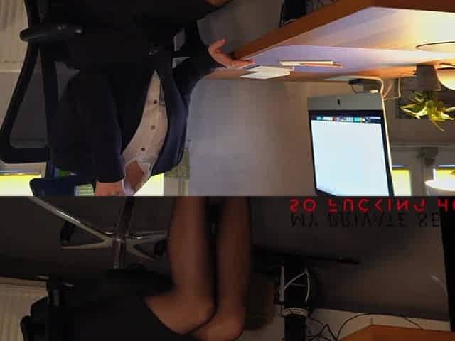 serious business woman in office dress ripping off her stockings for solo play