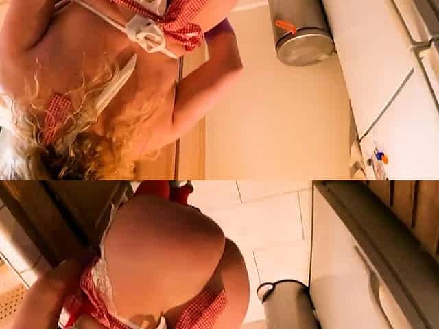 Stepmom in the kitchen helps stepson with his boner