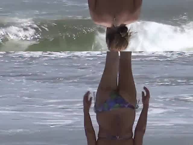 My wife on the beach with her youthful lover, shows off, masturbates, large ejaculation on unshaved cunt