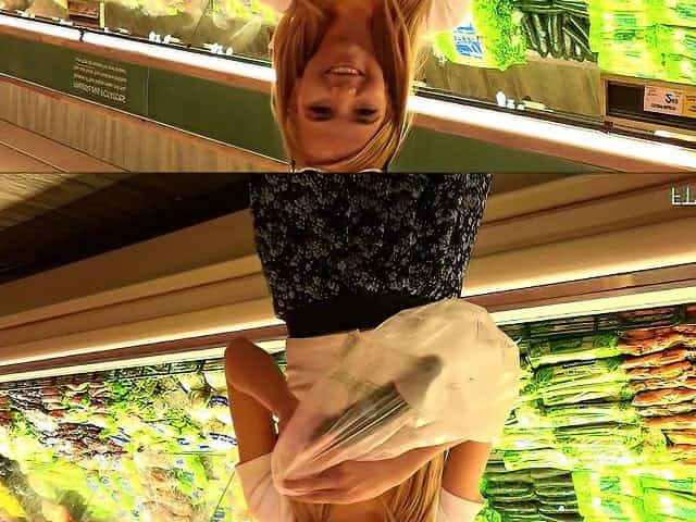 Exhibitionist teen fucks a vegetable in the grocery store