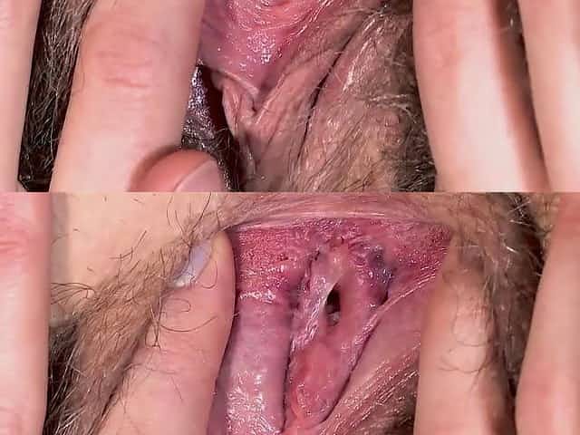 Virgin spreading hairy pussy lips in close-up