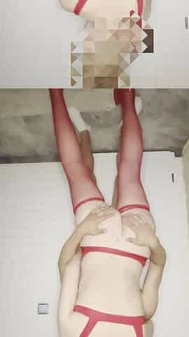 Wife in Red Mini Dress and Chastity Husband, Playing with Big Dildo