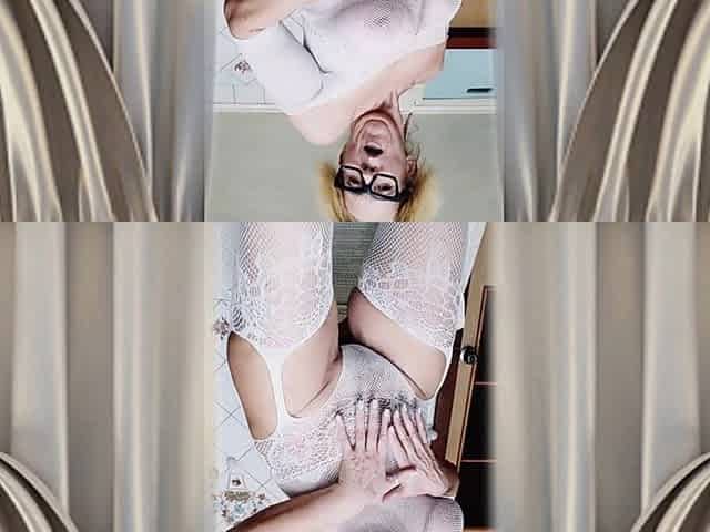 Cheerful Housewife Lukerya Flirts in an Open, Transparent White Jumpsuit in the Kitchen.