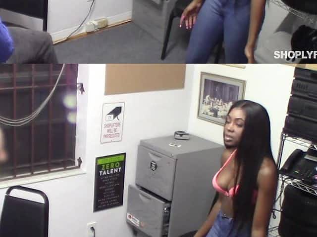 White security guy fucks shoplifting black chick Tori Montana