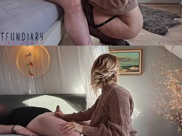 gal in knitted sweater, garter thong and nylons screwed doggy and missionary - projectfundiary