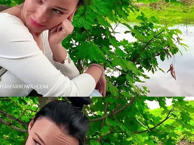 Darkhaired babe blows big cock in hard rough outdoor sex