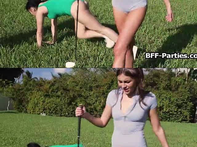 Three hotties sharing golf trainers hard cock