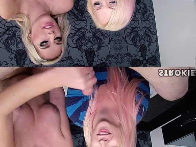 Cherry Morgan and Vickie Valencort Share Cock and Balls - StrokiesHandjob