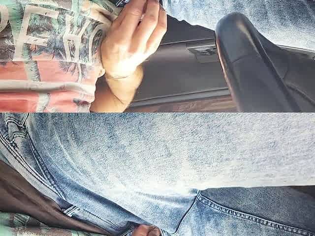 Hawt chap touching his large jock in the car with people passing by and watching - nearly caught