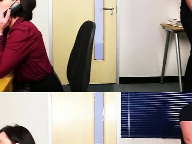 Naughty CFNM office babes giving BJ
