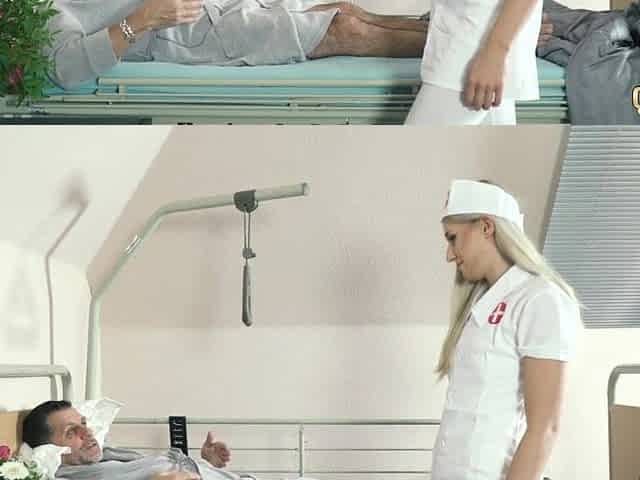 Teen nurses screw old older man in a fake hospital couch and give sloppy oral-job