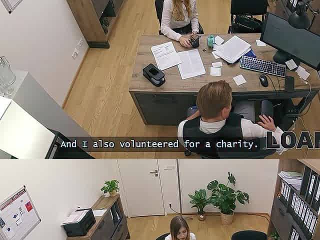 LOAN4K. Blond Maya with large melons is banging a bank worker on the office chair whilst his colleague i