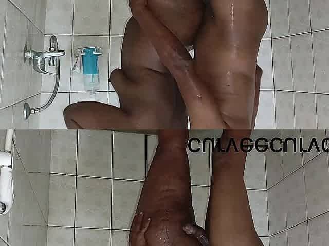 Large Afro curvd rod screwing large booty Afro in the showers untill this guy came