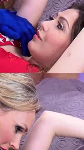 Sexy MILF plays in cosplay with two horny friends