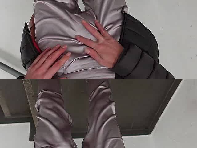 I urinate two times in my satin outfit with hose and highheels outdoor