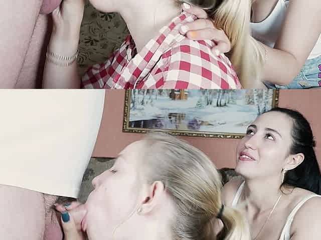 Threesome blowjob, handjob and cum kiss
