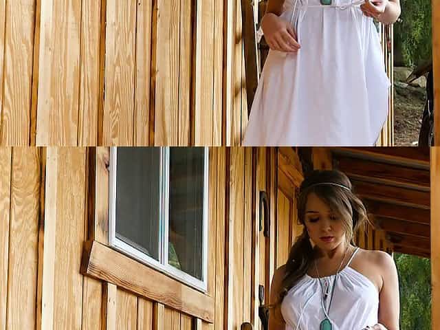 Alaina Fox takes off her white dress for a masturbation game